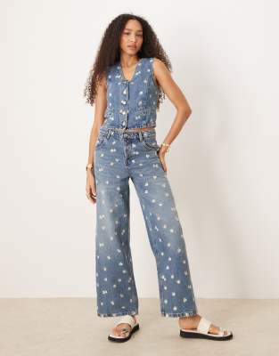 Mango Massy Daisy Embroidered Straight Leg Jeans In Blue
