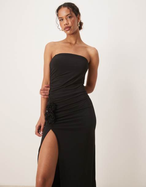 Mango - Maxi bandeau-jurk met corsages aan de taille en zijsplit in zwart - view 1