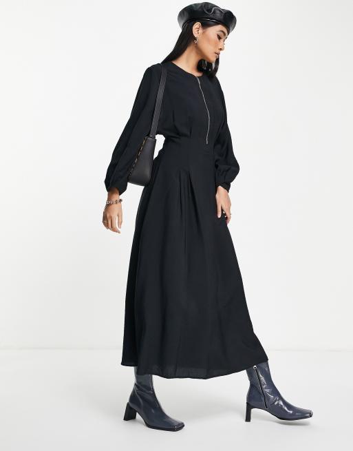 Mango maxi dress with balloon sleeves and zip front in black | ASOS