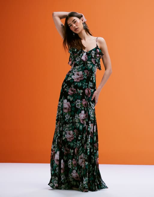 Mango - Maxi-jurk met bloemenprint en bovenkant met ruches in blauw