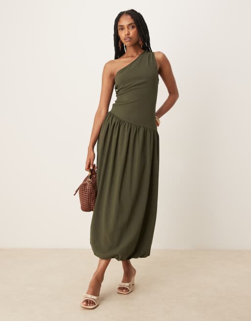 Mango - Maxi jurk met blote schouder, verlaagde taille en zachte bolle zoom in kaki, 2 van 4