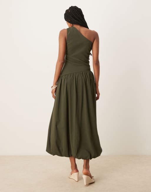 Mango - Maxi jurk met blote schouder, verlaagde taille en zachte bolle zoom in kaki, 4 van 4