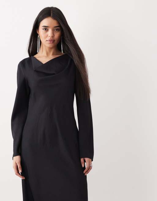 Mango - Maxi jurk met gedrapeerde hals en lange mouwen in zwart, 2 van 4