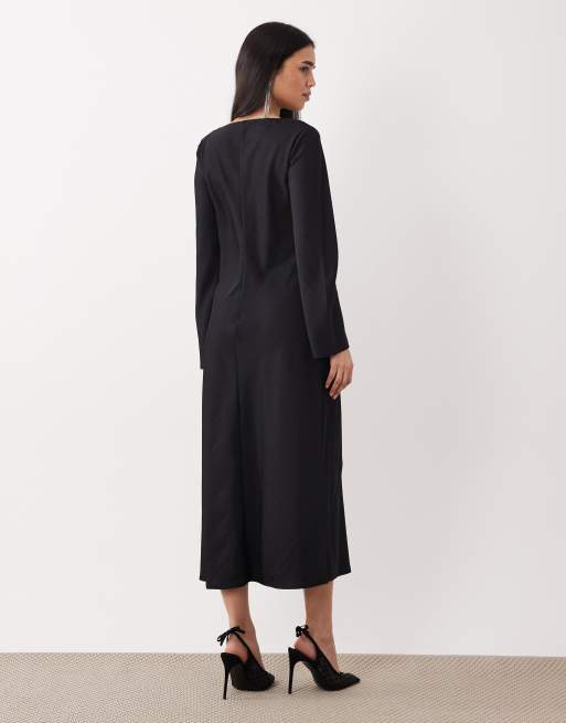 Mango - Maxi jurk met gedrapeerde hals en lange mouwen in zwart, 4 van 4