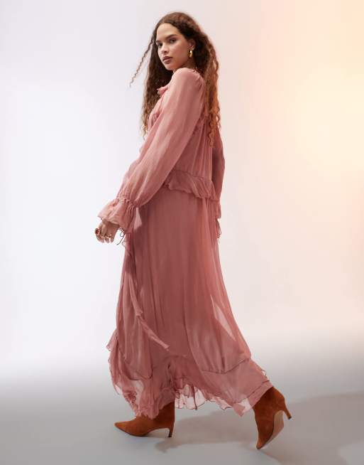 Mango Maxi jurk met gelaagde ruches en V-hals in oudroze ASOS