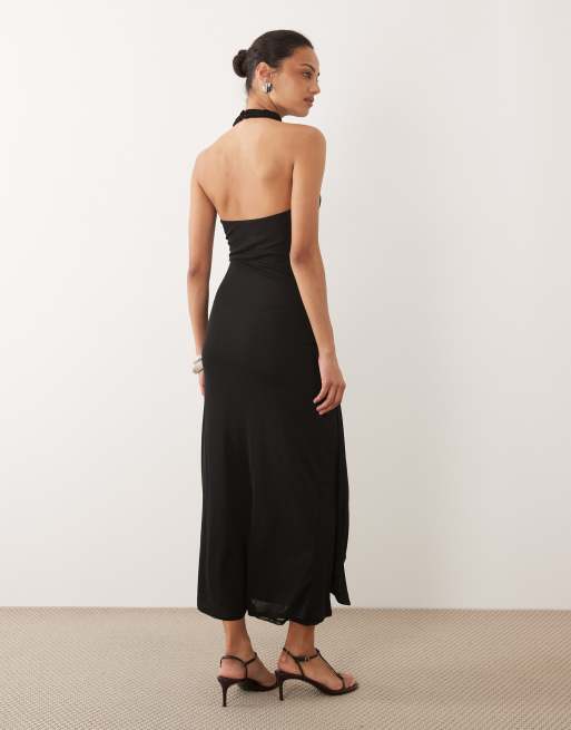 Mango - Maxi jurk met halternek en open achterkant in zwart, 4 van 4