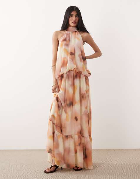 Mango - Maxi jurk met halternek, stroken en vervaagde bloemenprint in crème - view 1