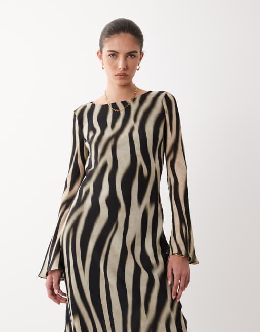 Mango - Maxi jurk met lange mouwen en uitlopende mouwen in zebraprint, 3 van 4