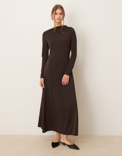 Mango - Maxi-jurk met rechte hals en lange mouwen in bruin - view 1