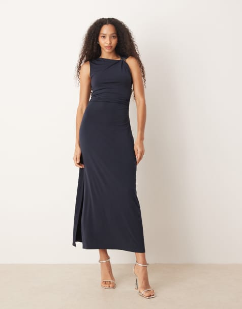 Mango - Maxi-jurk van gladde stof met gedraaid schouderbandje met hardware detail in marineblauw - view 1