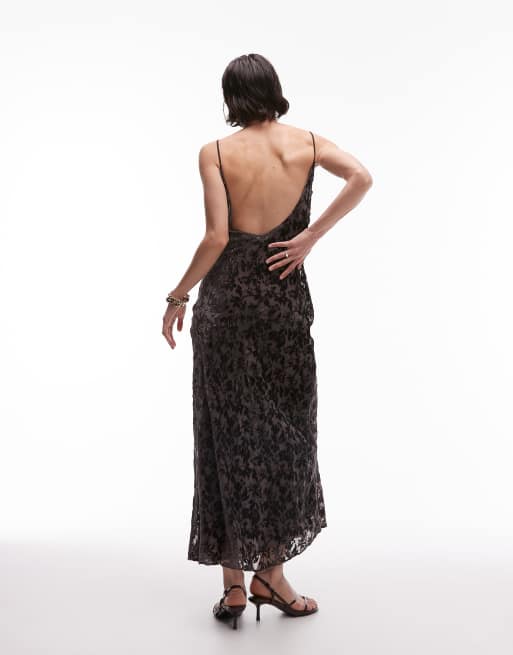 Mango – Maxi-Trägerkleid aus Ausbrennersamt in Braun , 2 von 4