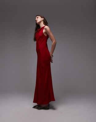 Mango - Maxikleid aus Satin in Rot mit drapiertem Ausschnitt