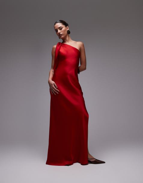 Mango – Maxikleid aus Satin in Rot mit One-Shoulder-Träger und Seitenschlitz - view 1