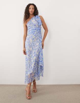 Mango - Maxikleid in Blau mit One-Shoulder-Träger und cremeweißem Blumenmuster-Bunt
