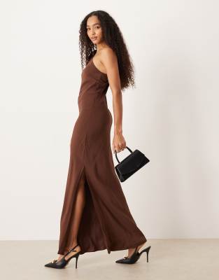 Mango - Maxikleid in Schokobraun mit One-Shoulder-Träger-Orange
