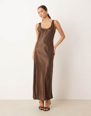 Mango - Maxikleid in Schokobraun mit Racer-Design und Verzierung-Brown