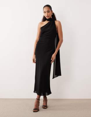 Mango - Maxikleid in Schwarz mit One-Shoulder-Träger und drapiertem Detail