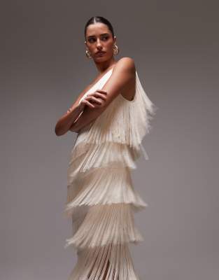 Mango - Maxikleid in Weiß mit One-Shoulder-Träger und Fransen