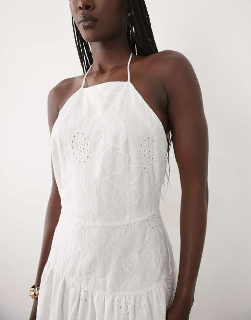 Mango Maxikleid mit Neckholder und Stickerei aus 100 % Baumwolle in Weiß, 3 von 4