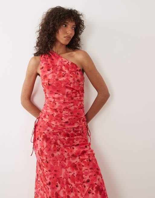 Mango – Maxikleid mit One-Shoulder-Träger, Raffung und Blumenmuster in Rot, 3 von 4