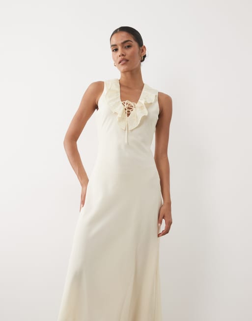 Mango Maxikleid ohne Ärmel mit Volantdetail in Pastellgelb, 3 von 4
