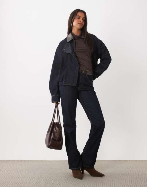 Mango Maya zip through denim jacket & jeans set with contrast faux leather in indigo, 2 of 3
