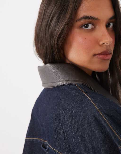 Mango Maya zip through denim jacket co-ord with faux leather collar in indigo, 2 of 4