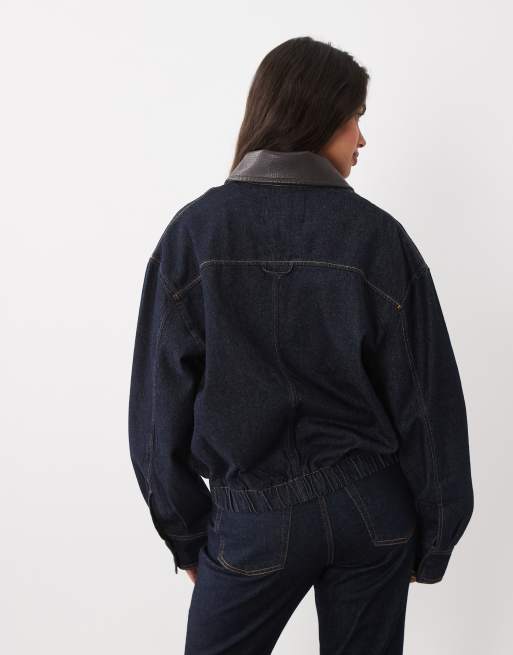 Mango Maya zip through denim jacket co-ord with faux leather collar in indigo, 4 of 4