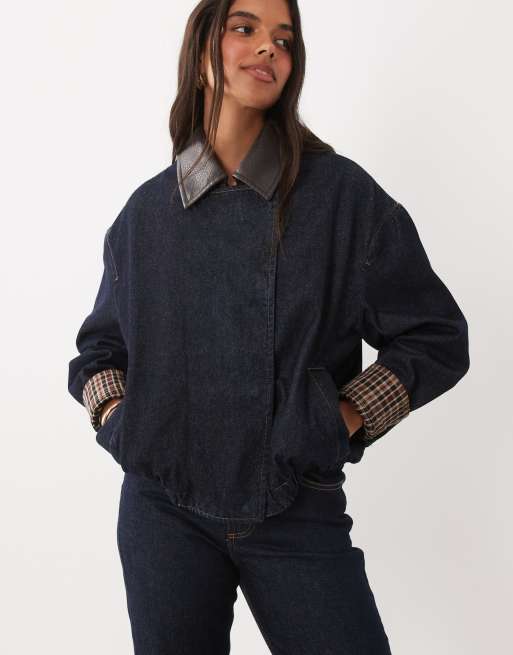 Mango Maya zip through denim jacket & jeans set with contrast faux leather in indigo, 3 of 3