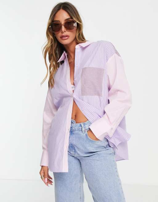 Mango - Meerkleurig gestreept patchwork overhemd in lila