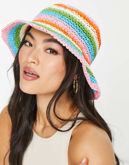 Mango – Mehrfarbiger Strohhut in Häkeloptik im Regenbogen-Look