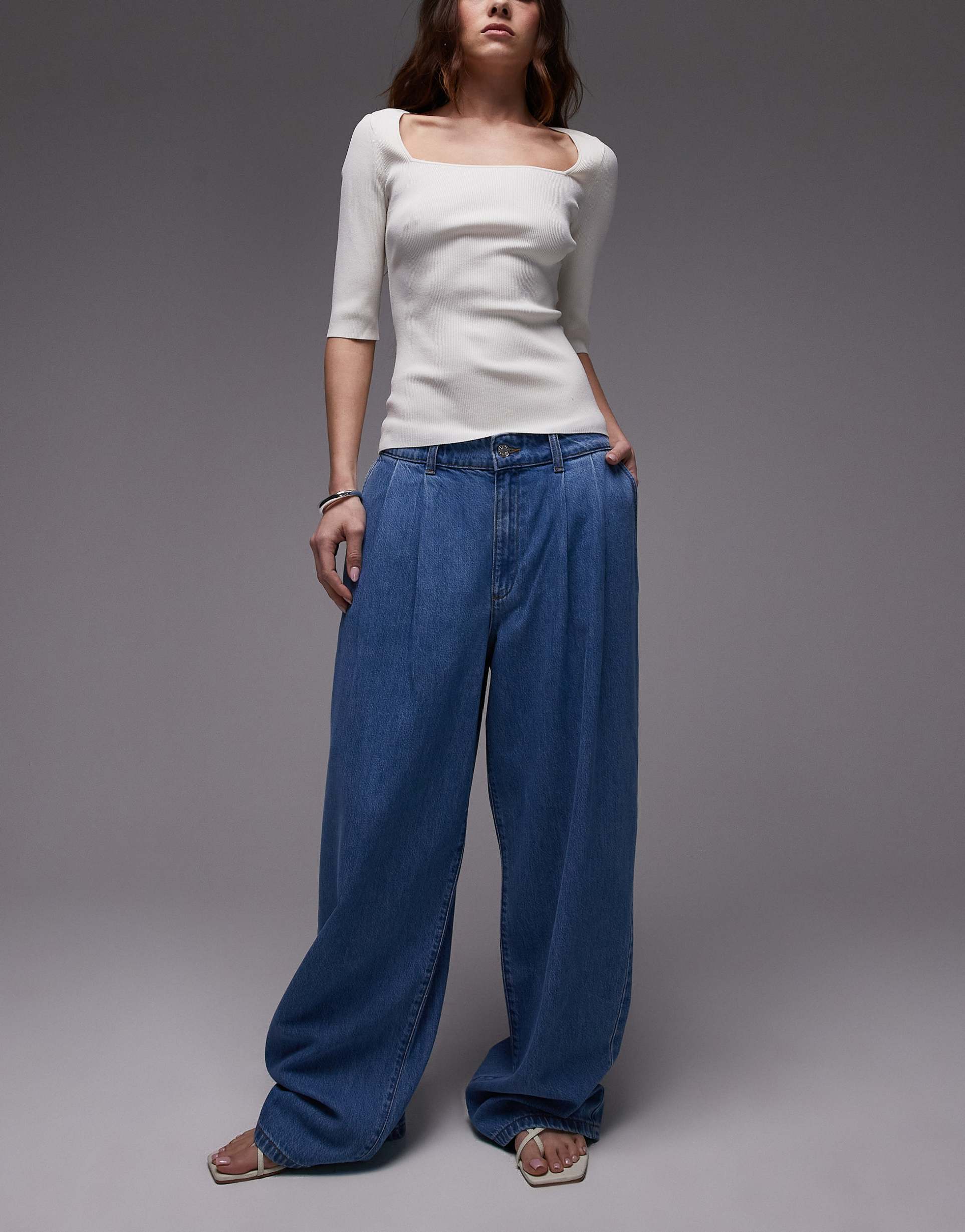mango melissa pleat front slouchy jeans in light blue