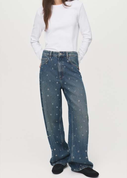 Mango – Mellanblå jeans med barrelben och öljetter, 4 av 5