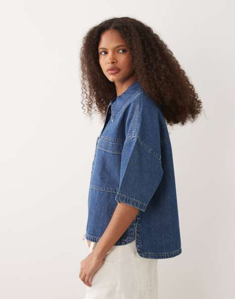 Mango - Mellemblå oversized top med korte ærmer - view 1