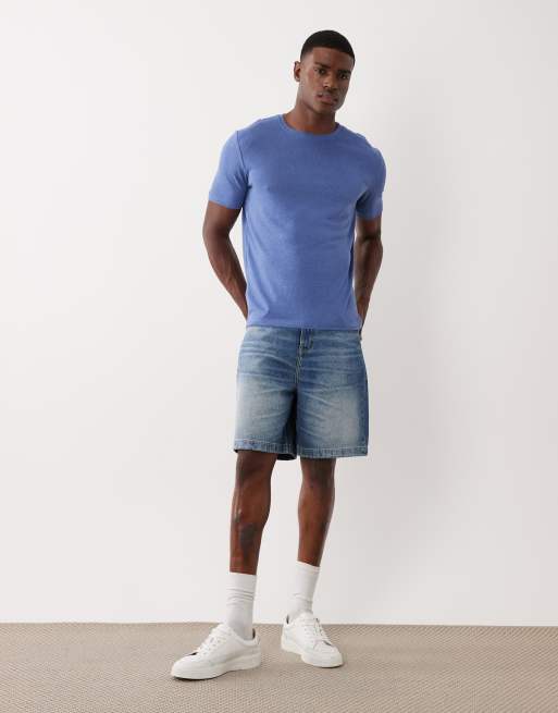 Mango - Mellemblå T-shirt i hørblanding i slim fit, 2 af 5