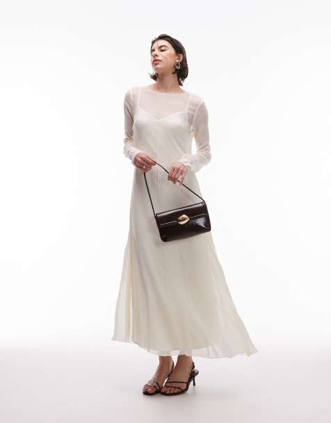Mango mesh 2 in 1 midi dress with seam detail in ivory - view 1