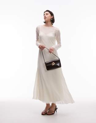 mesh 2 in 1 midi dress with seam details in ivory-White
