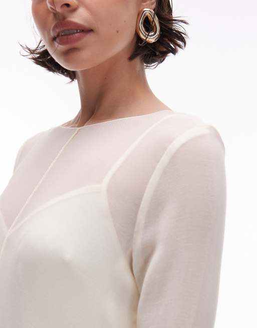 Mango mesh 2 in 1 midi dress with seam details in ivory | ASOS