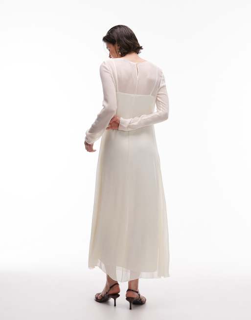 mango ivory dress Mango mesh 2 in 1 midi dress with seam details in ivory
