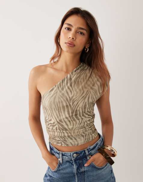 Mango mesh asymmetric short sleeve top in zebra print - view 1