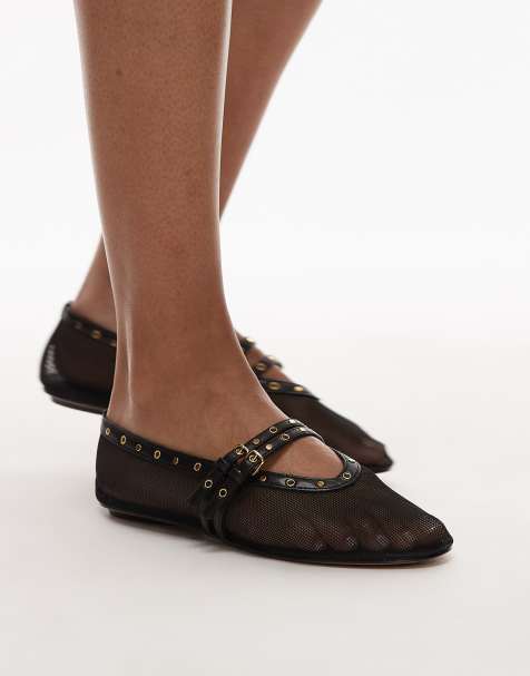 Mango mesh ballet pumps with gold detailing in black - view 1
