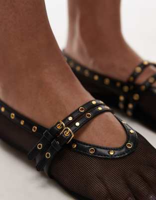 Mango Mesh Ballet Pumps With Gold Detailing In Black