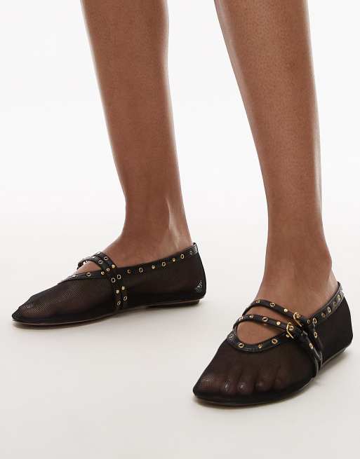 Mango mesh ballet pumps with gold detailing in black, 4 of 4