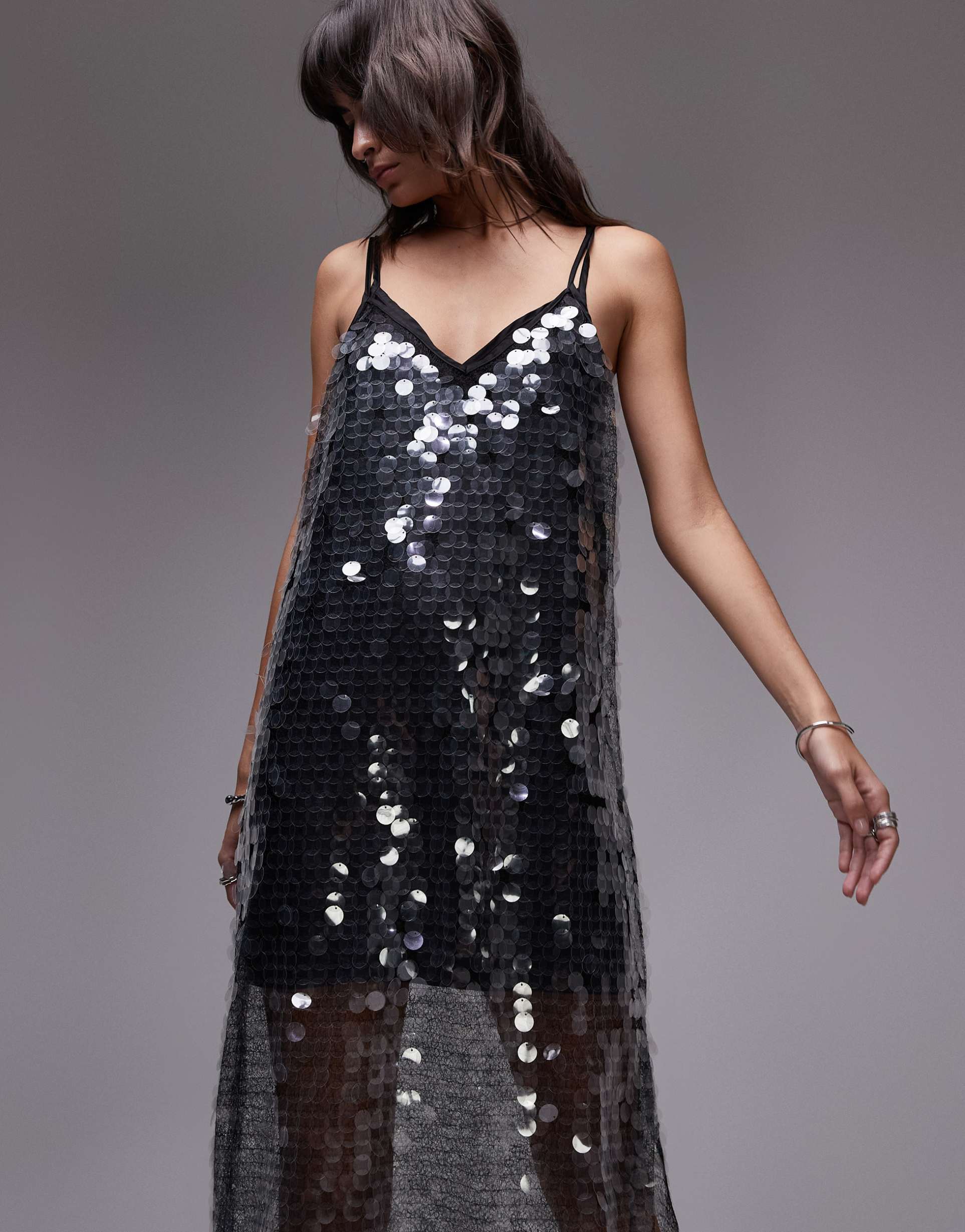 mango mesh disc maxi dress in silver