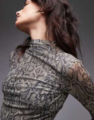 Mango Mesh Long Sleeve Snake Print Top In Gray