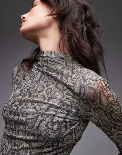 Mango mesh long sleeve snake print top in grey - view 1