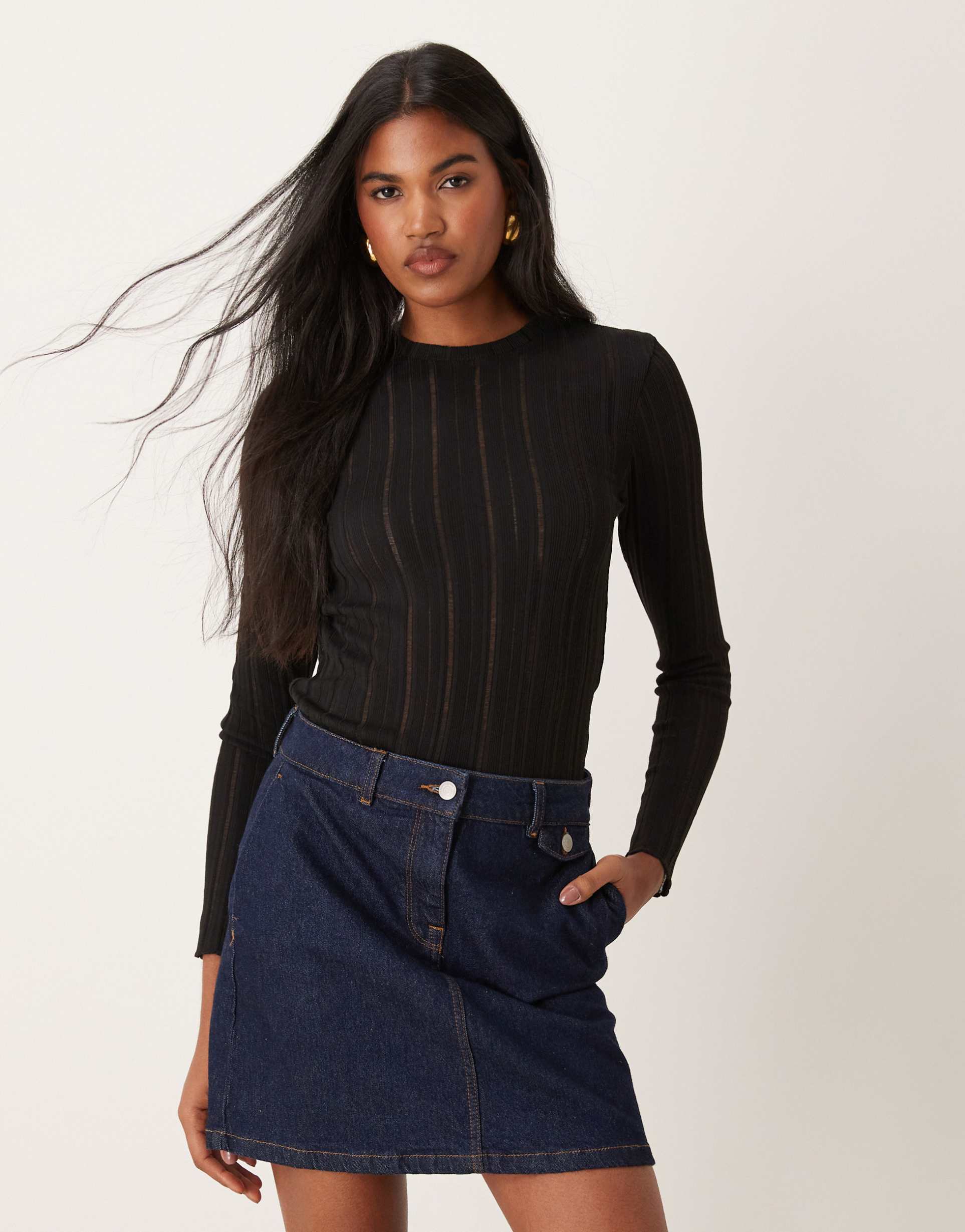 mango mesh rib knit long sleeve t-shirt in black