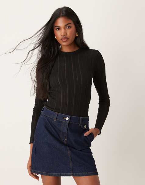 Mango mesh rib long sleeve t-shirt in black - view 1