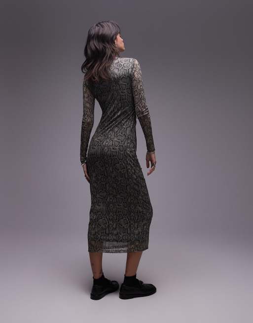Mango mesh ruched side snake print midi dress in gray | ASOS