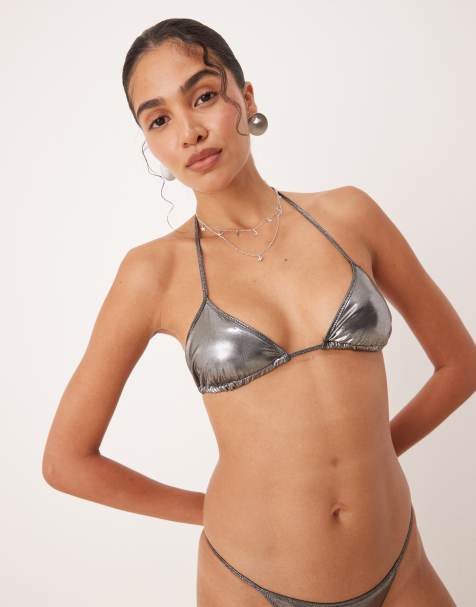 Mango metallic triangle bikini top in silver - view 1